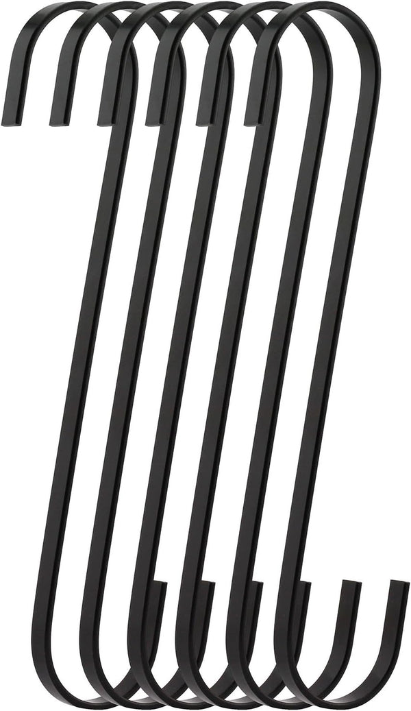 6-Pack 8 Inch Black Chrome Finish Steel Hanging Flat Hooks, Heavy-Duty S Hooks for Kitchenware, Gardening Tools