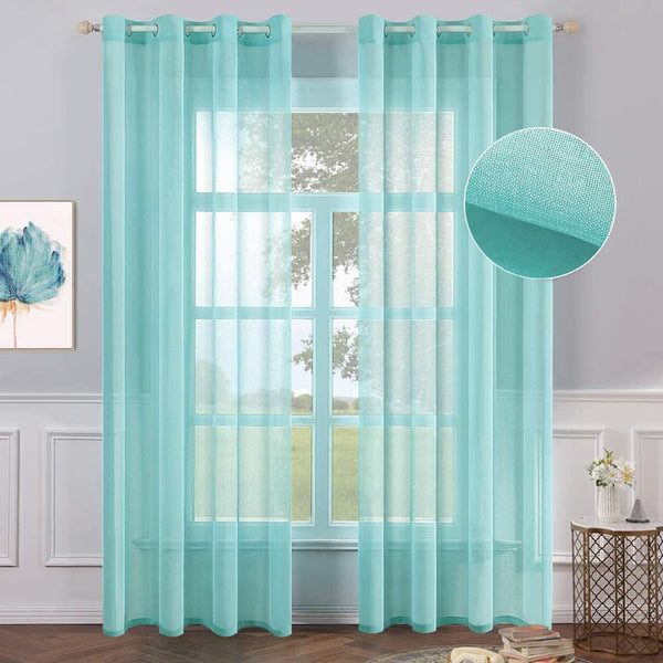 MIULEE 2 Turquoise Semi Sheer Window Curtains, Aqua Blue Linen Textured Grommet Top Drapes for Bedroom Living Room