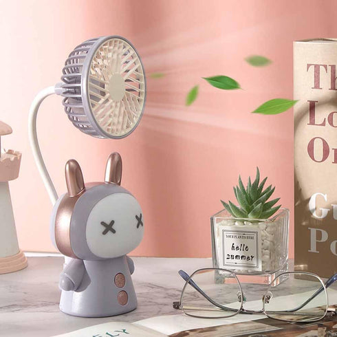 Mini Handheld Fan with Night Light - Cartoon Portable USB Rechargeable Folding Fan for Kids Study Desk (Pink)
