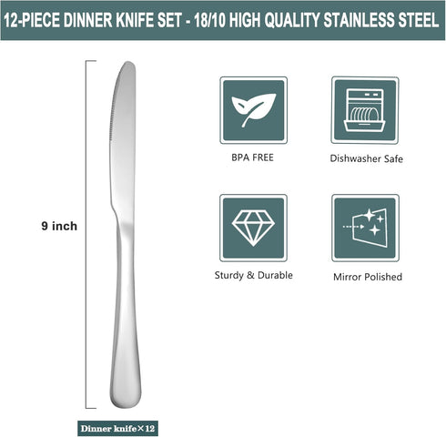 Stainless Steel 12-Piece Dinner Knives Pack, Table Steak Knives Set for 12 (Silver 9 Inches) by SANTUO