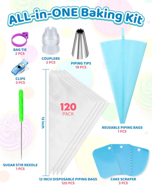 150 Pcs Piping Bags and Tips Set - Cake Decorating Kit with 120 Pcs Bags and 18 Tips