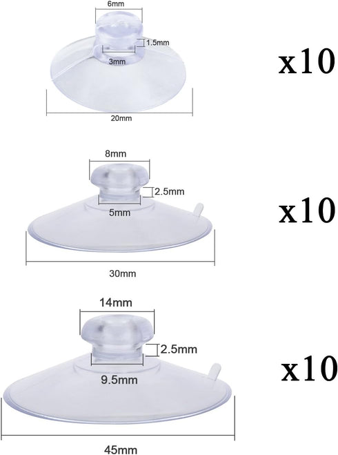 Whaline 30 Packs Suction Cup Plastic Sucker Pads - Clear, 3 Sizes, 45 mm, 30 mm, 20 mm