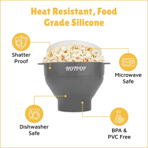 POPCO Silicone Microwave Popcorn Popper - Collapsible Bowl and Dishwasher Safe, 15 Colors Available, Gray