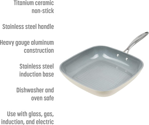 Goodful Ceramic Nonstick 11 Inch Grill Pan, Dishwasher Safe Pots and Pans, Comfort Grip Stainless Steel Handle, Made without PFOA, Griddle, Cream by Goodful