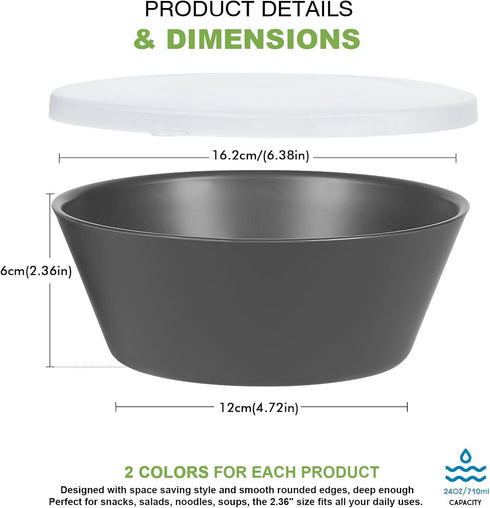 shopwithgreen Plastic Cereal Bowls with Dust-Proof Lid, Resuable Bowls for Kitchen, Set of 6, Microwave and Dishwasher Safe, for Soup, Oatmeal, Ramen, RV, Camping, Kids, College Dorm Room, 24 OZ