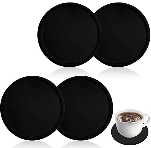 AOZUO 4pcs Silicone Drink Coasters, Non Slip Round Black Table Pads Desk Coasters
