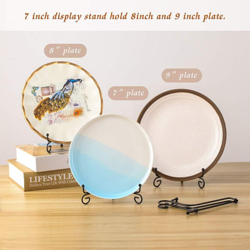 (4 pack) 7" Black Iron Display Stand, Easel Plate Display for Photo Frames, Cookbooks, and Art