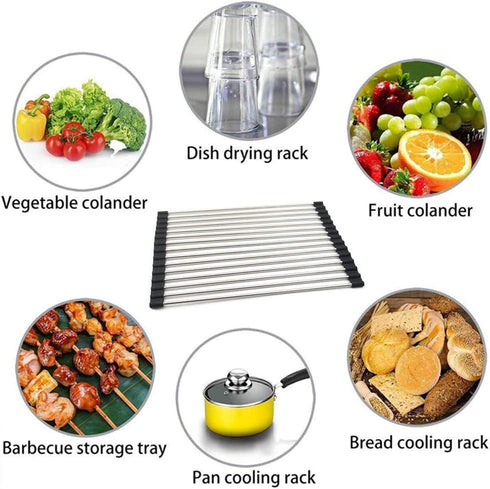 Over The Sink Stainless Steel Roll Up Dish Rack, Roll Out Dish Drying Rack for Kitchen Dishes, Cups