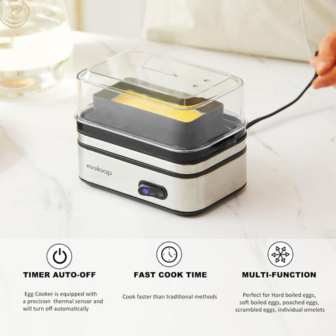 6 Evoloop Rapid Egg Cooker Electric Eggs Capacity, Soft, Medium, Hard Boiled, Poacher, Omelet Maker Egg Poacher