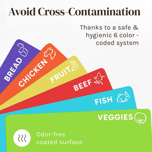 Extra Thick Flexible Plastic Cutting Board Mats, Set of 6, Dishwasher Safe with Food Icons