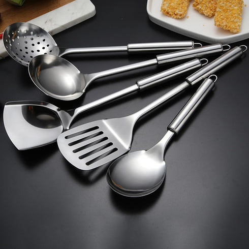 5 PCS Cooking Utensils Set, Stainless Steel Kitchen Gadgets, Includes Slotted Spoon, Slotted Spatula, Large Spoon, Soup
