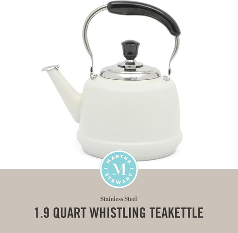 2 Martha Stewart Kingstree Large Qt Heavy Gauge Stainless Steel Tea Kettle - Linen White Exterior