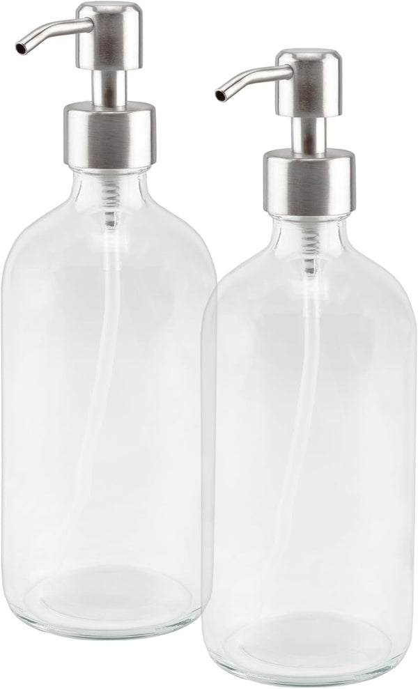Cornucopia Brands 16-Ounce Clear Glass Bottles with Stainless Steel Pumps (2 Pack) - Great for Liquid Soaps & Essential