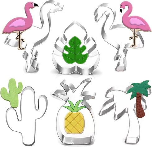 Hawaiian Cookie Cutter Set - 6 Piece: Cactus, Pineapple, Flamingo, Monstera Leaf, Palm Tree for Summer Parties