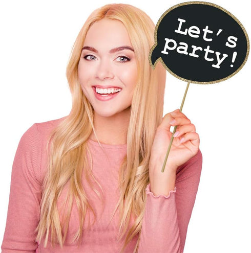 Fully Assembled 60th Birthday Photo Booth Props - Set of 30 - Cute Bday Designs with Real Glitter - Black & Gold Selfie