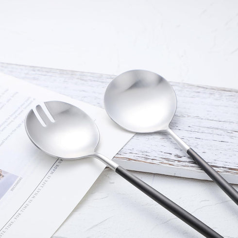 Salad Servers Spoon and Fork Set, 11.41 inch, 18/10 Stainless Steel with Titanium Plating (Black Silver)