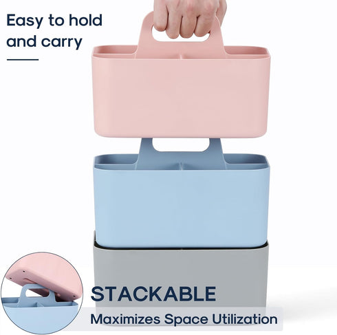 Multiuse Caddy Organizer with Handle - Stackable Plastic Bin Basket for Art Supplies, Makeup, Bathroom, Kitchen (Pink)