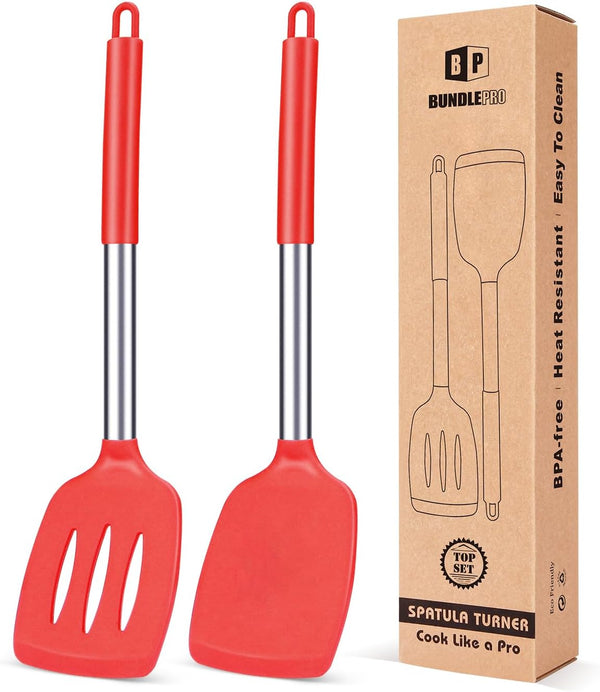 Pack of 2 Silicone Solid Turner, Non Stick Slotted Kitchen Spatulas, High Heat Resistant BPA Free (Red)