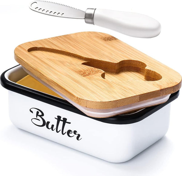 AISBUGUR Metal Butter Keeper with Lid, Large White Butter Dish for Countertop, Stainless Steel Knife, Kitchen Gift