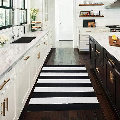 CAINANEL Black and White Striped Outdoor Rug 27.5X43 inches, Hand-Woven Cotton Indoor/Outdoor Welcome Mat for Porch