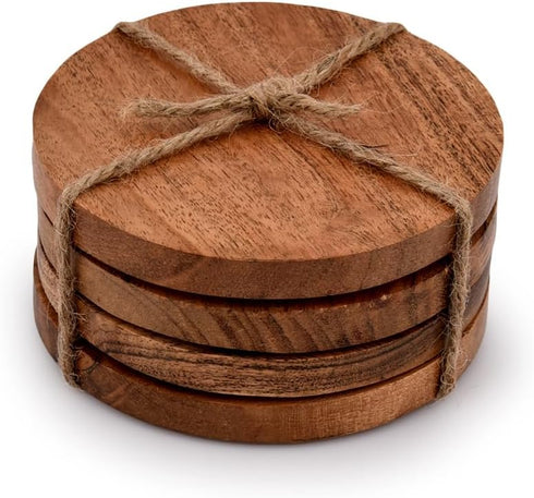 Samhita Acacia Wood Round Coasters, Set of 4 for Protection of Tabletop, Countertop from Water Marks or Damage