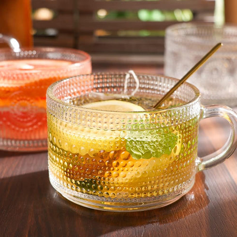Set 4,14 OZ (2*Flower+2*Beads) Vintage Glass Coffee Mugs of Embossed Glass Coffee Cups Coffee Mugs for Cereal, Yogurt