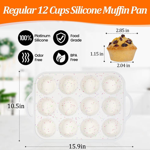 CAKETIME 12 Cups Silicone Muffin Pan, Metal Reinforced Frame Nonstick Cupcake Pan with Handle, BPA Free