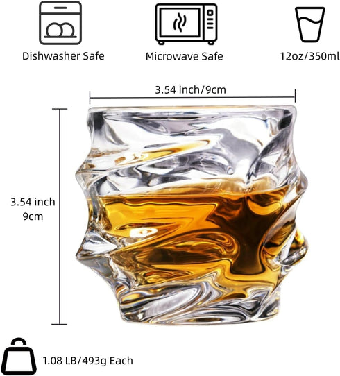 12 oz Hand Blown Crystal Whiskey Glasses Set of 4, Unique Cognac Glass, Heavy Thick Bottom Bar Glass for Gifts