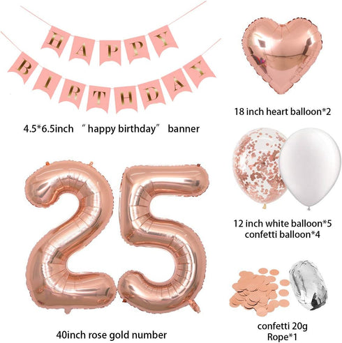 Birthday Decorations Happy Birthday Banner 40inch, Rose Gold Number 25 Balloons, Confetti Balloons for 25th Birthday