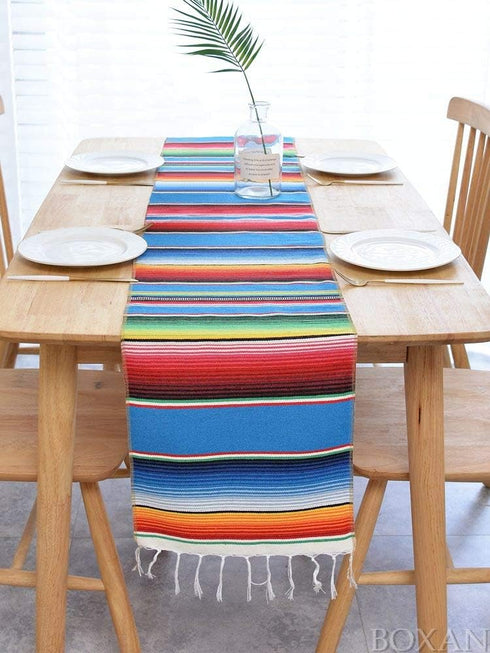 BOXAN Mexican Serape Table Runner, 14 x 84 Inch Fringe Cotton Blanket for Party Wedding Decorations
