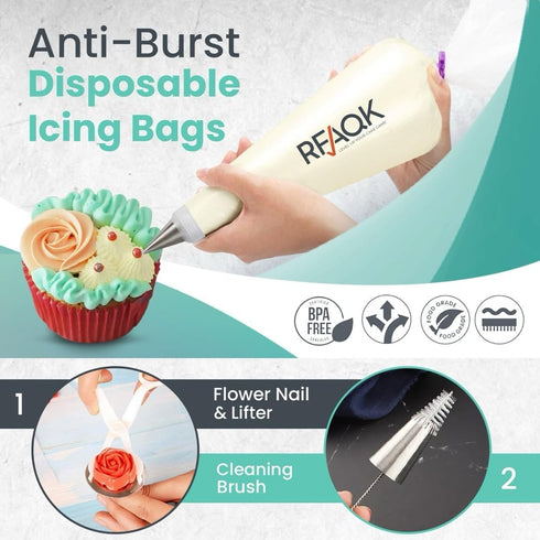 RFAQK 74 PCs Cake Decorating Kit, Icing Piping Bags and Tips Set with 48-Numbered Tips, 20+1 Pastry Bags, Booklet