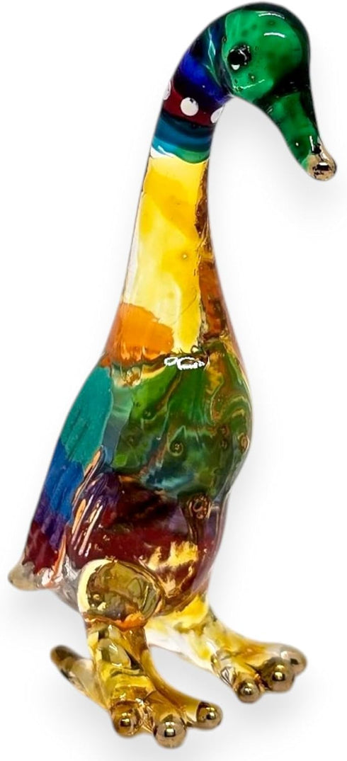 Tiny 2½" High Multicolor Standing Goose Figurine - Miniature Hand Blown Painted Glass Birds Decorative Collectible