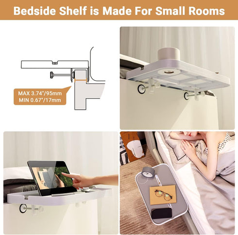 KIWIFOTOS Bedside Shelf with Silicone Pad Top, Clip On Nightstand Snack Organizer, 17" Large Dorm Room Bed Side Table