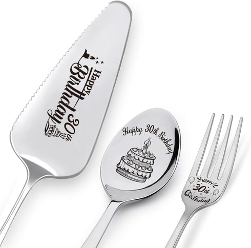 Happy 30th Birthday Personalized Laser-Engraved Stainless Steel Utensil Set - Cake Server, Spoon, Fork