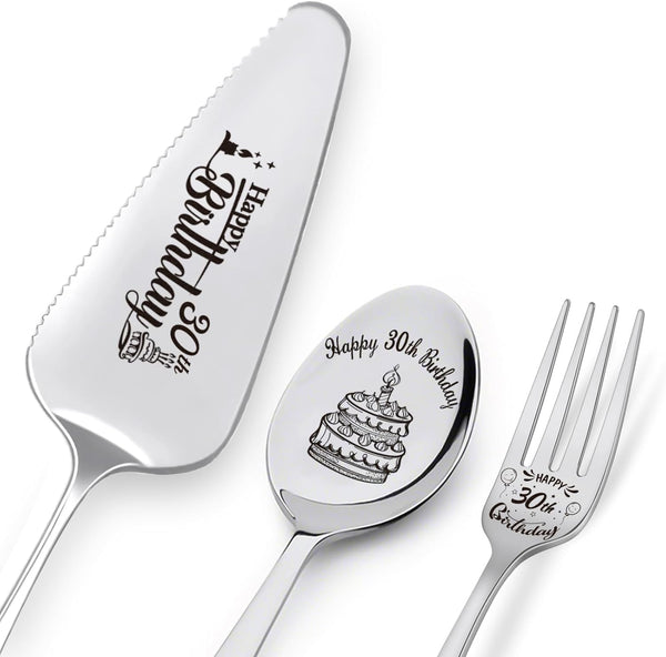 Happy 30th Birthday Personalized Laser-Engraved Stainless Steel Utensil Set - Cake Server, Spoon, Fork