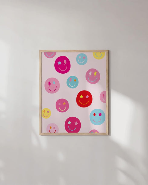 HAUS AND HUES Smiley Face Poster, Preppy Wall Art Pink Aesthetic for Teen Girls, Unframed 12”x16”