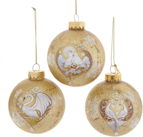 Kurt S. Adler 80MM Gold Glass Ball Ornament Set with Swan, Dove, and Peacock Decals, 6-Piece Boxed, Multi