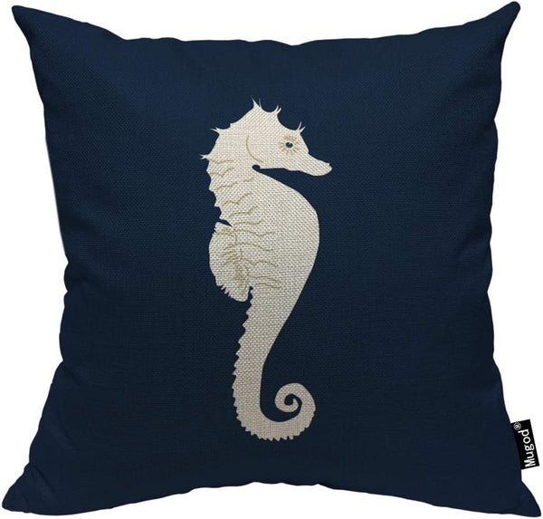 Mugod Sea Horse Decorative Throw Pillow Cover, White and Navy Blue, 18x18 Inch Cotton Linen Cushion