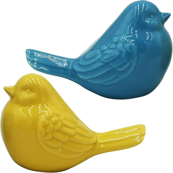 yhcdsea 2pcs-Set Yellow/Blue Decorative Bird Figurine, Glazed Ceramic Chubby Bird Figure for Indoor Outdoor Decor