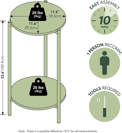 2-Tier 11.57 8.16 4.36 inches, Furinno Besi Modern Tall Round Side End Table with Sturdy Metal Legs, (W) x (H) x (D)