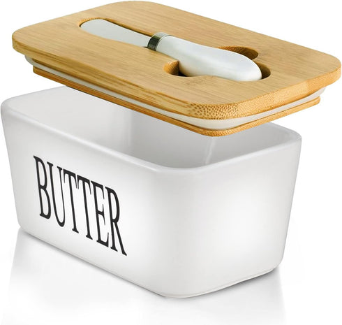 Hasense Large Butter Dish with Lid - Ceramic Airtight Butter Keeper for Countertop, Farmhouse Decor, White