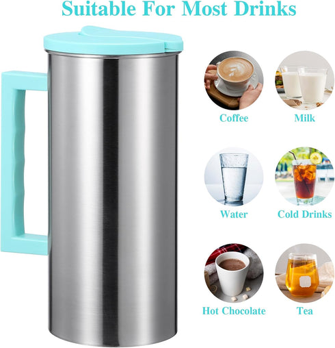 Cabilock Stainless Steel Iced Tea Pitcher, Beverage Carafe with Lid for Hot Cold Water, Fridge Use