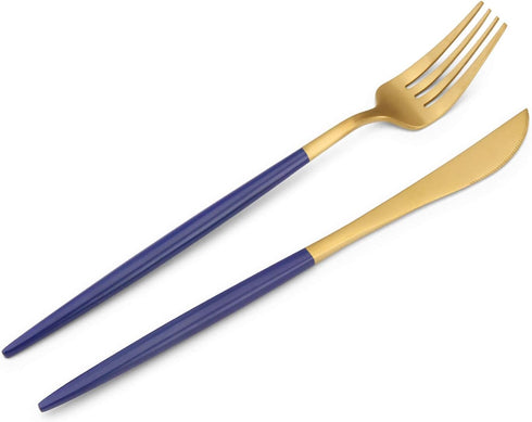 Bysta Matte Gold Silverware Set with Blue Handle, 5-Piece Stainless Steel Flatware Set for 1, Kitchen Utensil Set,