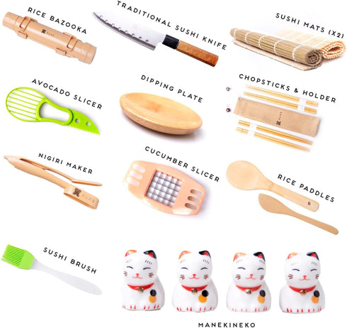 Alas Complete 20 Piece Sushi Making Set, Kit for Beginners & Pros with Knife, Mats, Rice Bazooka, Dipping Plate