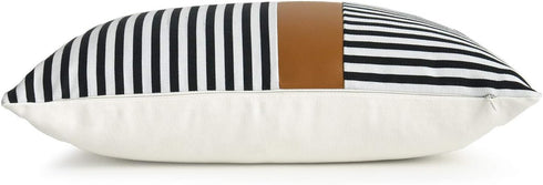 Hofdeco Faux Leather and 100% Cotton Pillow Cover Only, Camel Black Stripes, 12"x20"