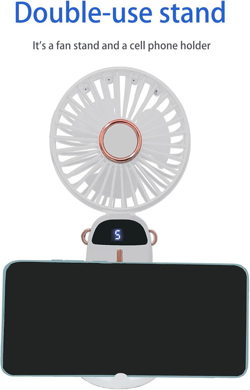 Portable Handheld Fan, Type-C Rechargeable 2000mAh Desk Personal Fan, 90° Adjustable Neck Fan with 5 Speed Wind (White)