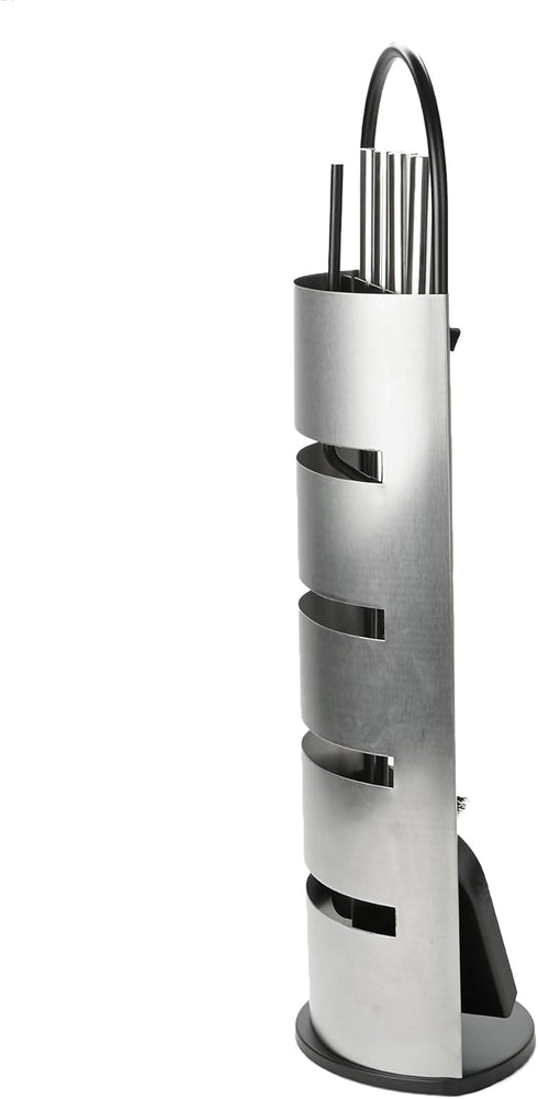 Mind Reader Fireplace Set with Stand - 4 Pcs, Durable Steel, Brush, Shovel Scoop, Poker, Tongs, Silver
