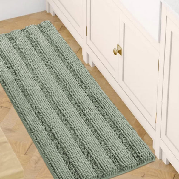 H.VERSAILTEX Non Slip Bath Rugs for Bathroom - Extra Thick Chenille Striped Mats 47" x 17" Sage