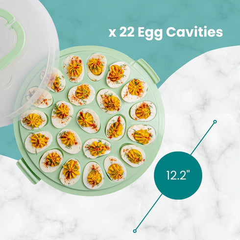 Crafted Containers 22-Count Deviled Egg Carrier with Lid & Handles, Portable Tray, Dishwasher-Safe Green