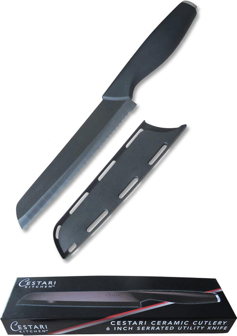 Cestari Advanced Ceramic Serrated Knife with Sheath and Luxury Magnetic Gift Box